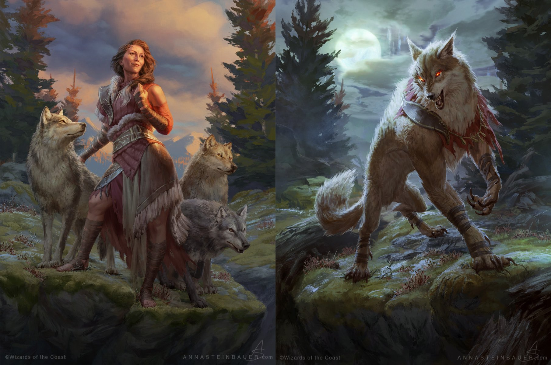 Three werewolves at night forest mtg fantasy art