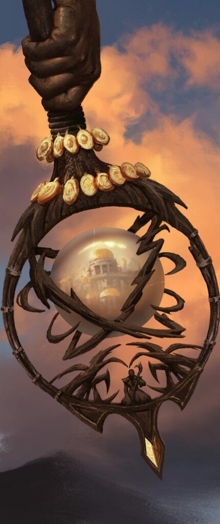A digitally painted image of a Black man's hand holding an ornate wooden staff. In the center, surrounded by jagged wood an orb is suspended where a city can be seen. At the bottom of the circular staff head you can see a stylized rendering of Teferi, head bowed in shame. The image is painted in rich sunset tones of deep blue, orange, brown and gold