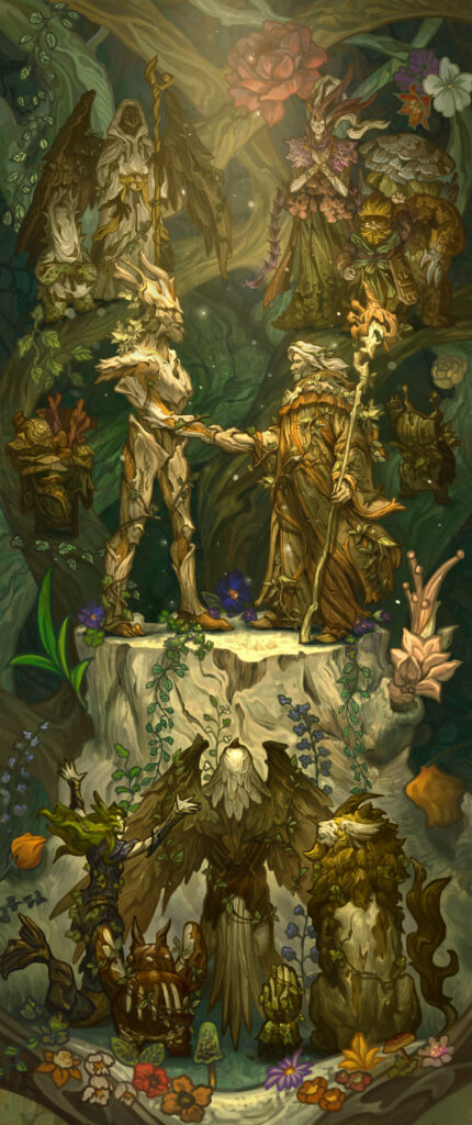 A stylized digital painting of wood sculptures of Urza and Multani shaking hands. Around them in the forest creatures are placed as witnesses to a momentous agreement. The image is done in verdant greens and yellows