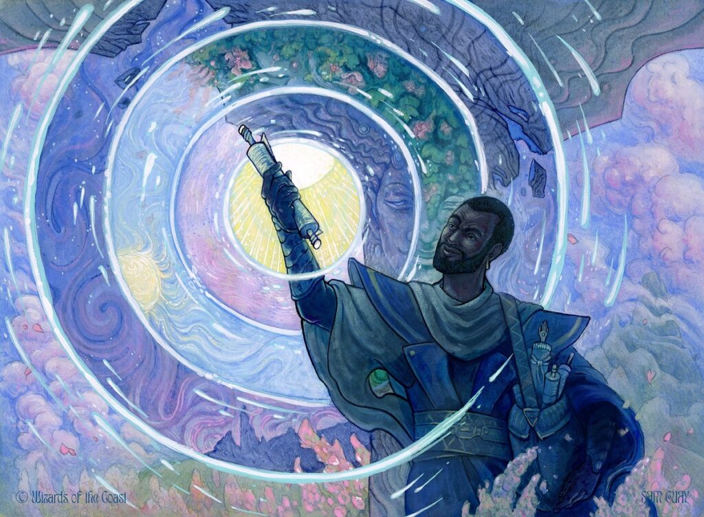 A stylizd image of Teferi, the time mage done in rich blues and purples. Spiraling circles represent his time magic as he holds up a scroll looking confident.