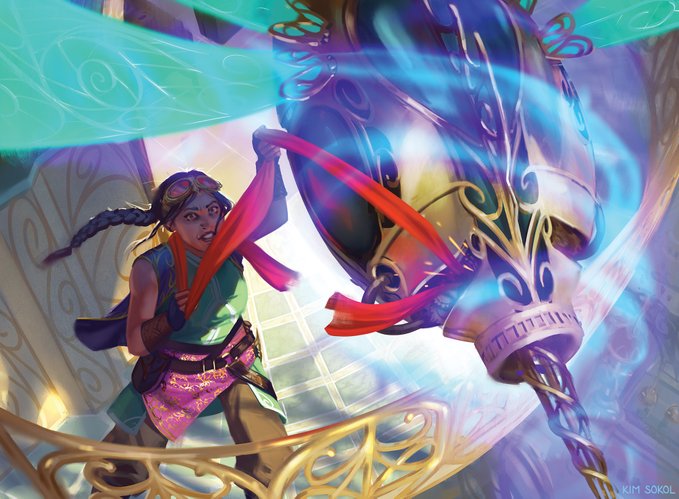 An image of a Kaladesh inventor launching a thopter but her scarf is caught on it and she's frantically trying to release it. She looks terrified. The image is seen from above.