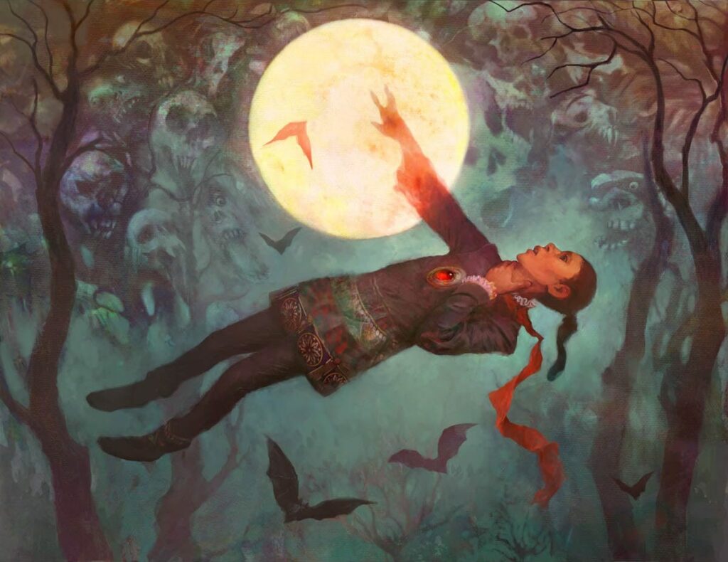 Art of Reanimate by Nils Ham. A figure is suspended in the air underneath a glowing pale yellow moon. Faint skulls are visible in the background behind an implied forest of trees and small bats flutter around the figure as it stretches its right hand up with a left hand gripping its throat.