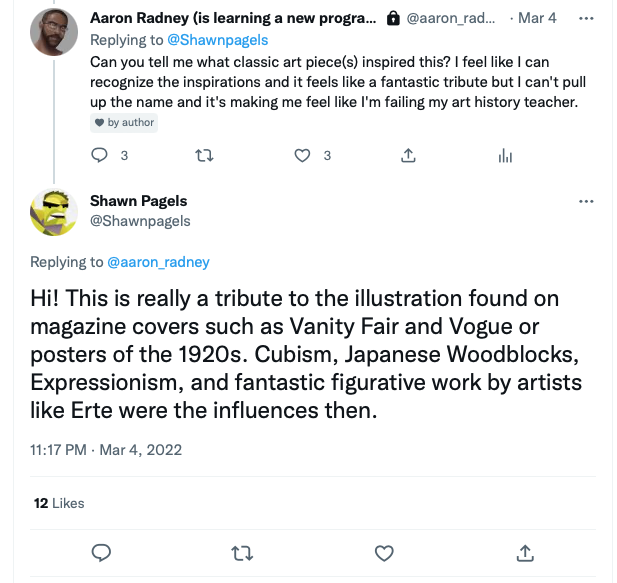 A screenshot of the artist explaining to me the influences of the card on Twitter. It says the piece is a tribute to Vanity Fair and Vogue covers or posters of the 1920s. Cubism, Japanese Woodblocks, Expressionism and the work of artists like Erte were also inspirations.