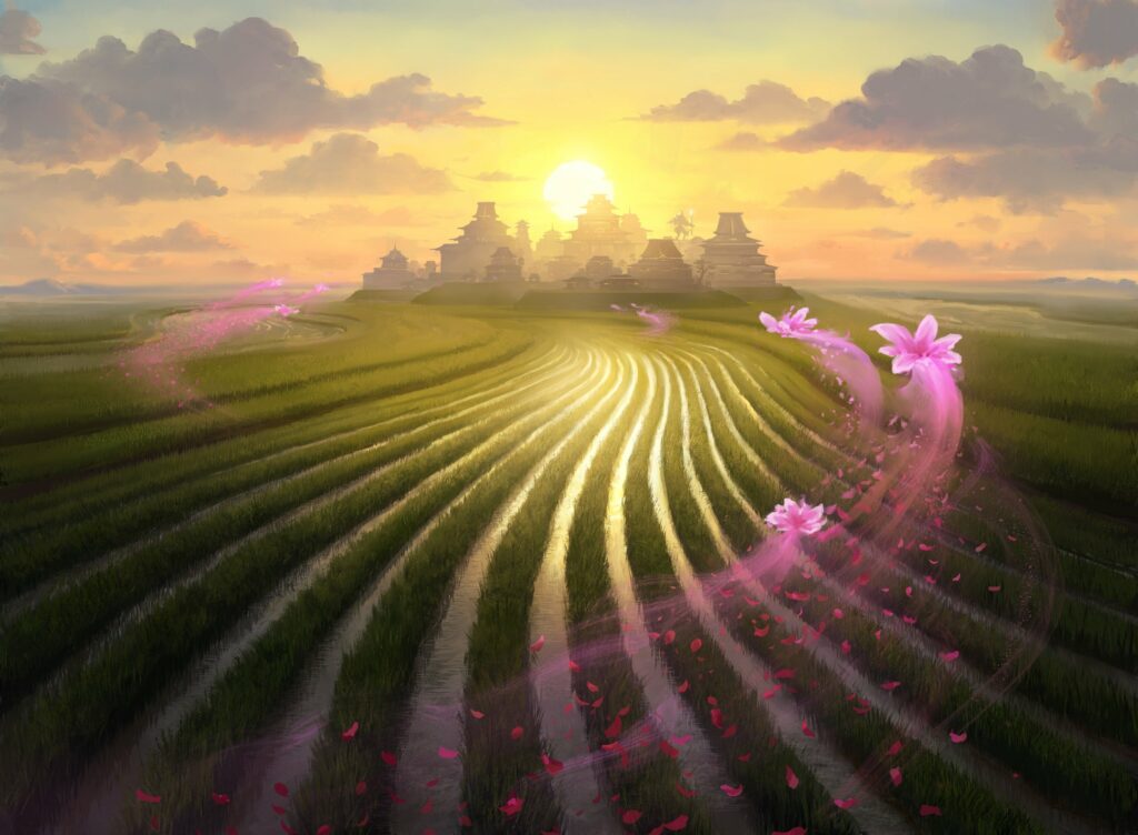 Art of Kamigawa Plains by Piotr Dura. The image has beautiful rice patties in the foreground with pink lotus flowers in the air all leading toward a city in the distance.