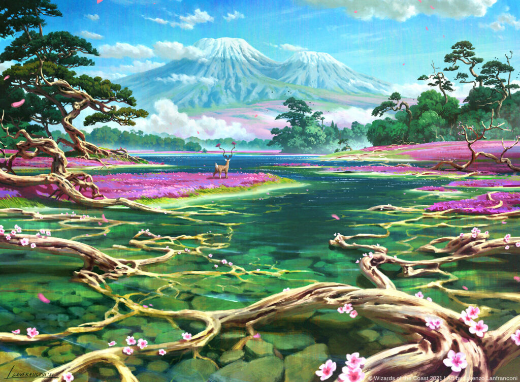 Art of Kamigawa's Uncharted Haven by Lorenzo Lanfranconi. Shows an idyllic landscape of lilly pads and mangroves in bright greens and magentas. A large mountain surrounded by clouds in the distance.