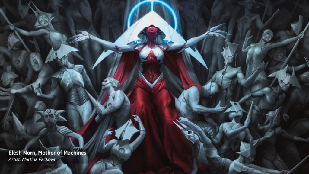 Art of Elesh Norn by Martina Fackova. We see Elesh Norn, a humanoid machine with white dentine body parts, a flayed abdomen and red clothing as well as a massive headdress that looks like a blade covering her face. Her hands are spread out almost like a religious greeting as she sits on a throne of stone supplicants that all have outfits and design reminiscent of her own.