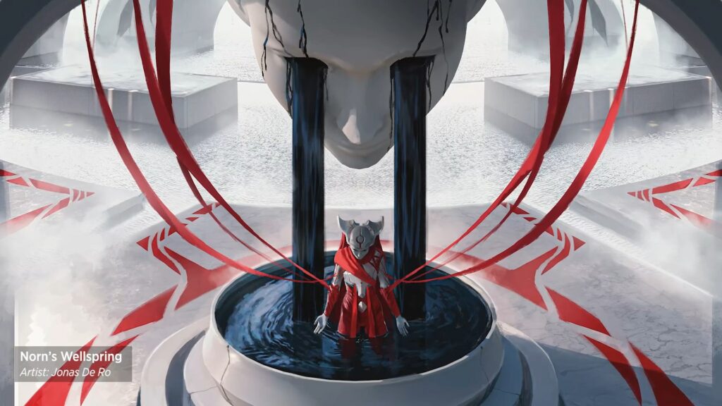An image of a Norn aligned phyrexian in a pool of black oil connected to something off screen with curving red streamers of flayed flesh. The room they're in is styled like a church but cold, white and sterile with red markings on the floor. Black oil comes down into the pool in two vertical streams from the eyes of a massive white statue head above them. The whole thing has a twisted baptism feeling.