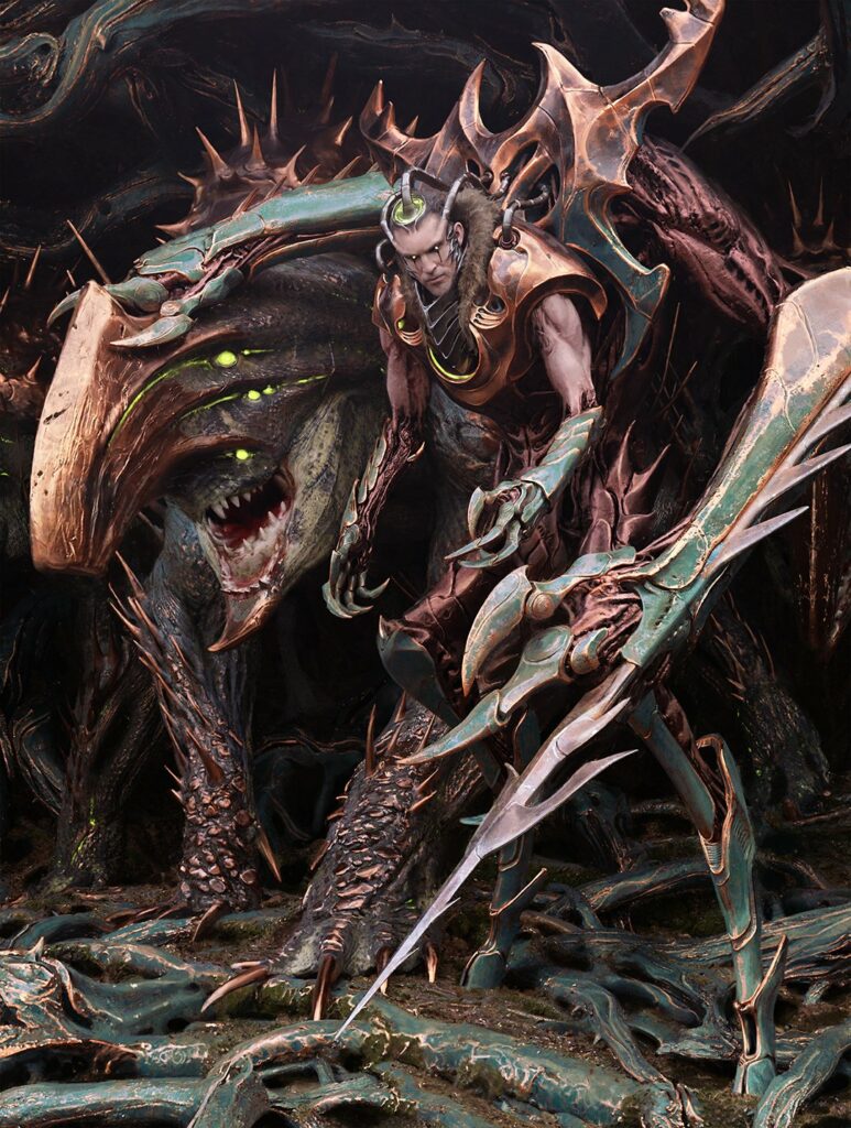 Lukka transformed by Phyrexia into a hulking monster with massive claws, modified mechanical legs and some sort of similarly modified predator at his side.