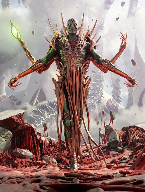 Image of Nissa, compleated by Phyrexia. She has four arms with copper seeming to make up most of the metal parts. She's seen centered and terrifyig as she walks through a landscape of devastation. 