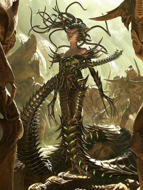 Vraska transformed into a much more clearly gorgon form by her phyrexian transformation. Her body is more snakelike with a stinging tail and her pose references her first art by Aleski Briclot