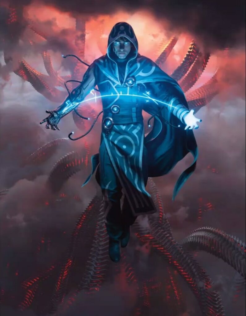 Image of Jace floating over a red mechanical hellscape. His hands are spread wide emulating his Jace the Mindscupltor card. Cable/tentacle appendages flow from his body and end in camera/eye stalks in the style of the blue phyrexians.