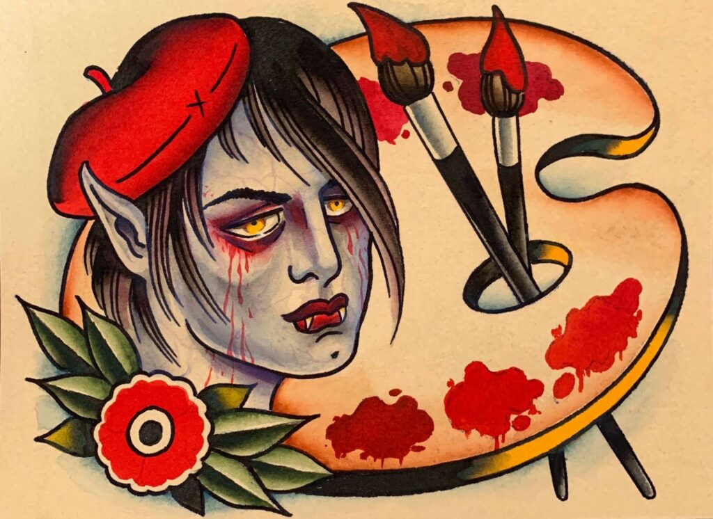 A tattoo style illustration using the classic motif of an artist with a large palette. We see a vampire's portrait from the neck up in three-quarters view looking at the viewer. They wear a red beret with hair mostly covering their left eye in a stereotypical emo artist look. The palette has two brushes running through the thumb hole in the palette and on top of it are various splotches of red paint.