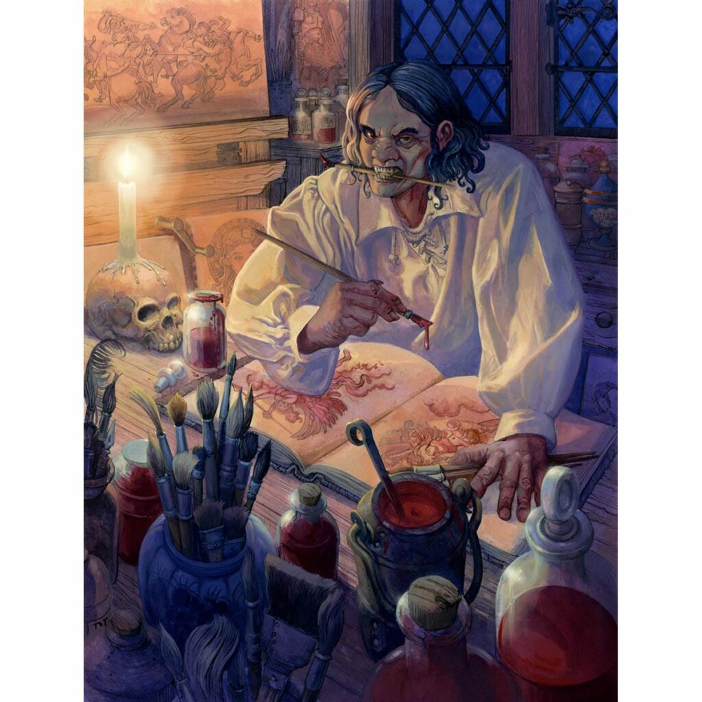 Image of a vampire surrounded by art, painting in a sketchbook with blood. He holds a paintbrush in his mouth and looks like he's been interrupted and is annoyed by it.