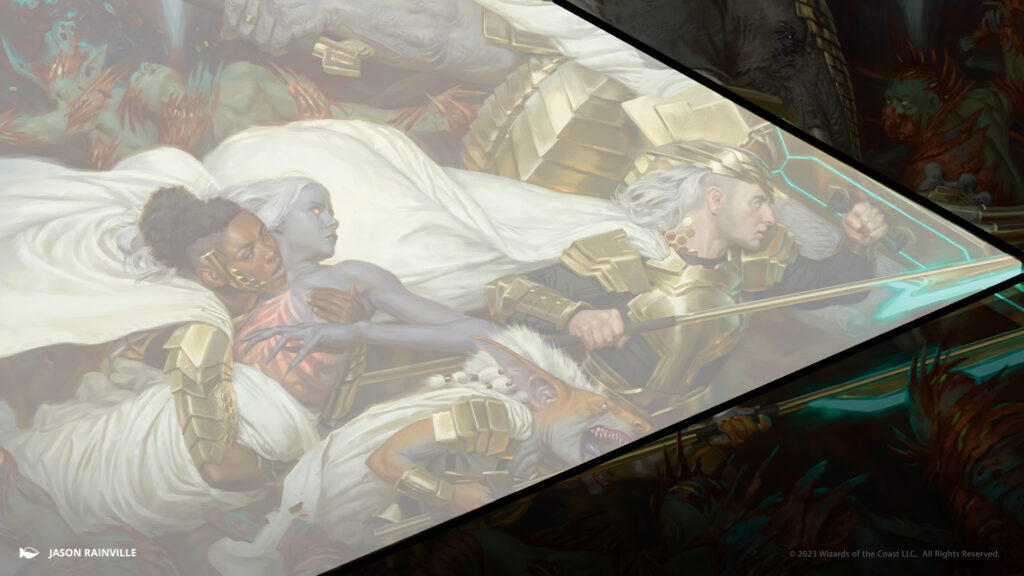 An image of the fight to get Wrenn to the Worldtree so she can bond with it. She's carried by a dark skinned Mirran as a human, a loxodon and a goblin fight together to push back a tide of phyrexians. The composition is highlighted by a white arrow emphasizing the forward momentum of the composition.