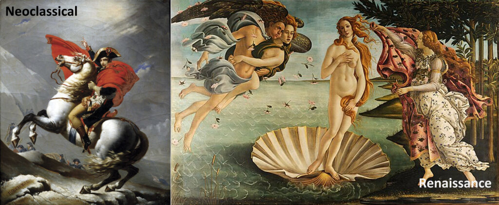 An image showing Napoleon Crossing the Alps by Jacques Louis David as an example of neoclassical art on the left and The Birth of Venus by Sandro Botticelli on the right. Jason's work has more in common with the one on the left. 