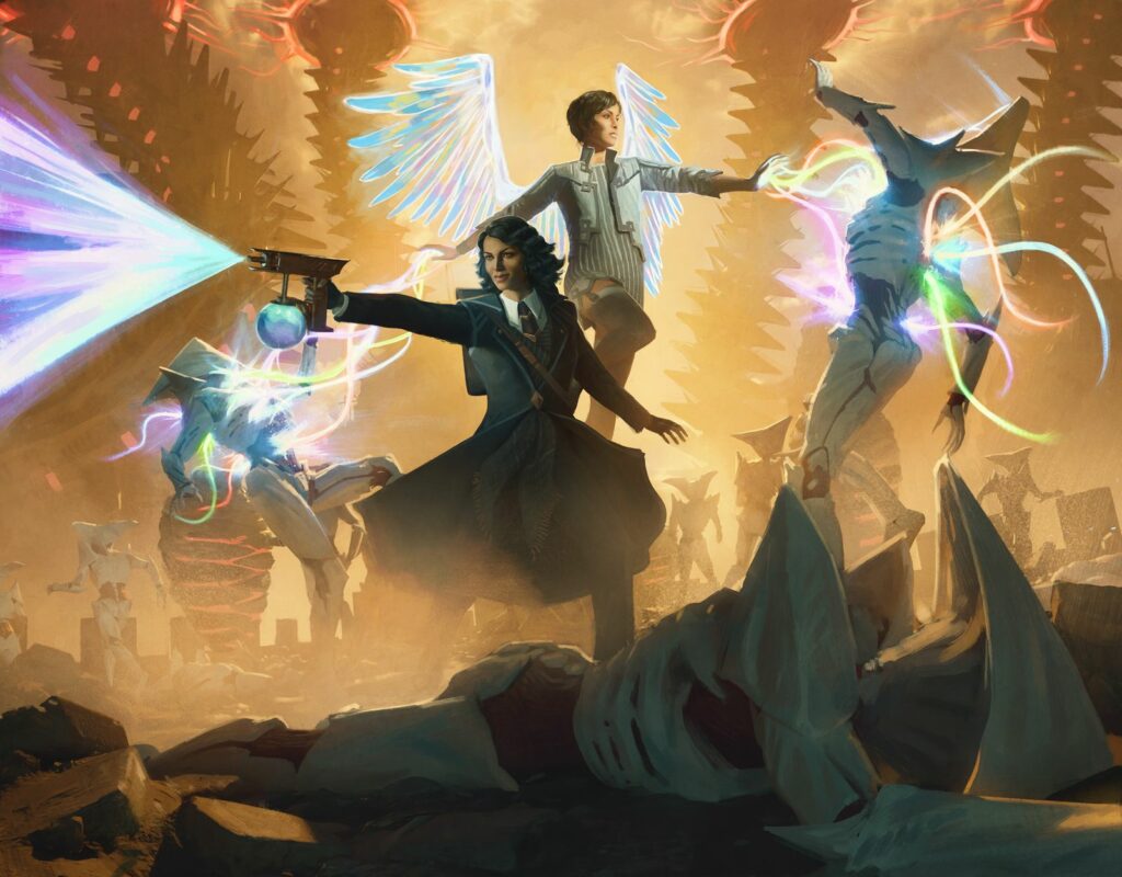 An image of Errant and Giada from New Capenna. Errant is a woman in a dark suit like outfit with a paint sprayer gun firing magical energy. Giada is an angel in a lighter colored suit blasting the same multicolored bright white magic. The two battle phyrexians against an orange background.