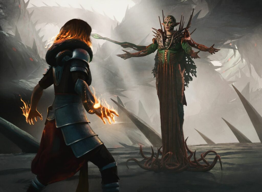 An image of Chandra surprised by Nissa on New Phyrexia. The background is gray, highlighting the characters. Nissa's arms are spread in an almost mocking welcome gesture.