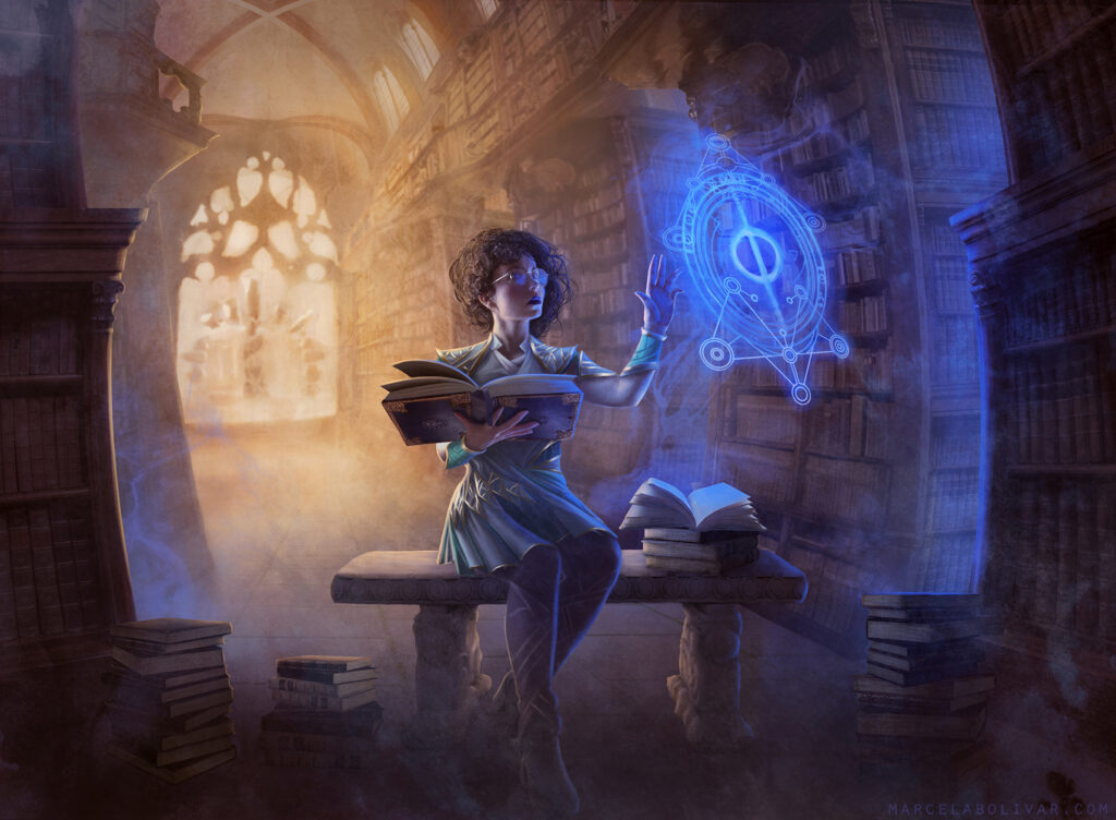 A young girl with messy curly hair, likely a student at the Quandrix college of Strixhaven. She's studying a strange glowing blue magical symbol with the phyrexia logo inside. She's sitting in a creepy library type setting with a window in the background that looks like a skull. 