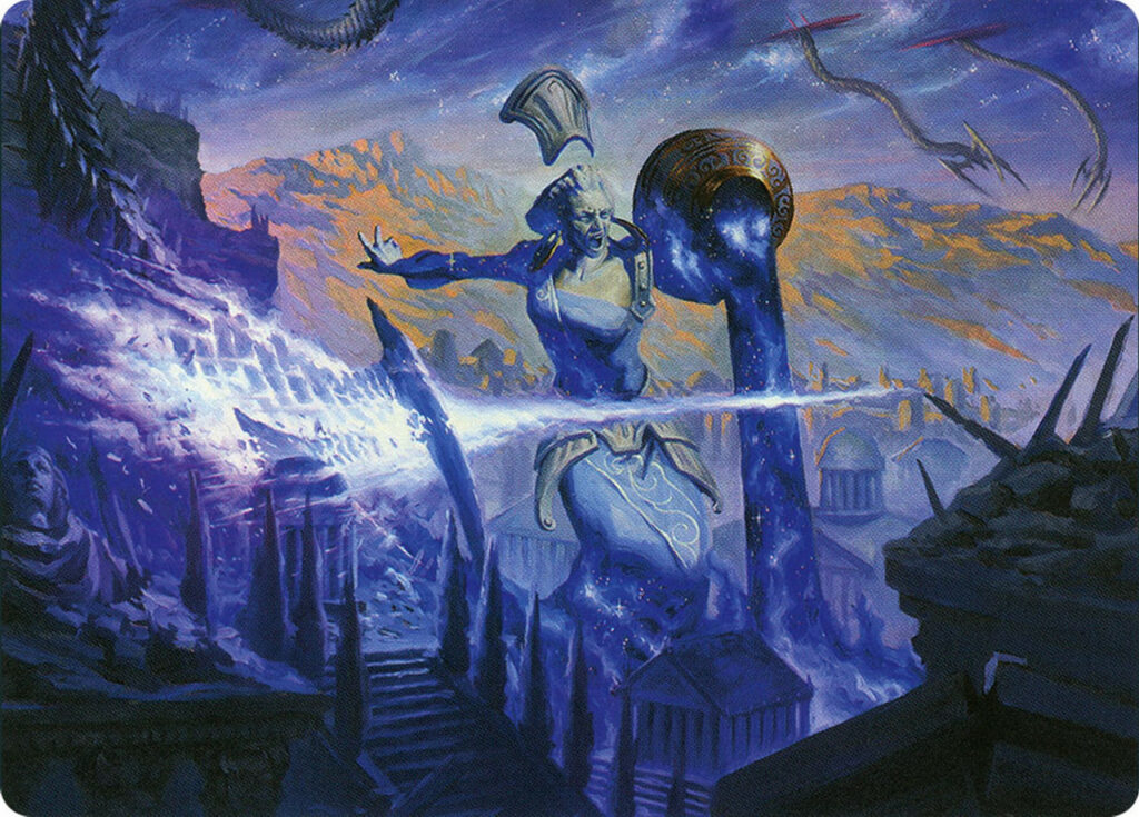 An image of Ephara battling the Phyrexian invasion with an arm outstretched as if magically deflecting the blast. Her face is contorted in protective fury.