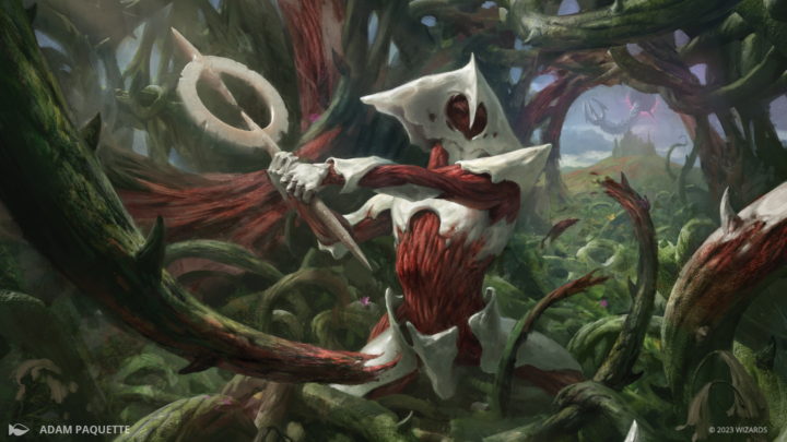 A Phyrexian, trapped and alone in a dense jungle attempts to corrupt and chop through it.