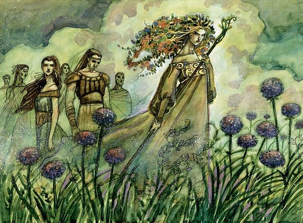 An image of Priest of Titania by Rebecca Guay. The image is of a beautiful elf painted in greens and framed with a pale yellow green cloud.