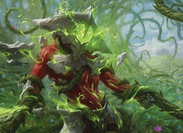 The same Phyrexian from the front side of the invasion now being strangled and overtaken by green mana as the jungle incapacitates and purifies it.