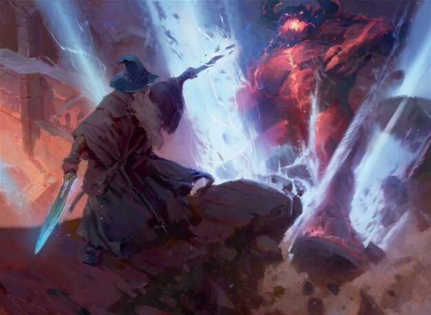 An image of Gandalf the Grey with staff outstretched and sword behind him, standing firmly on a stone bridge with a wide stance plunging the Balrog into a hole.
