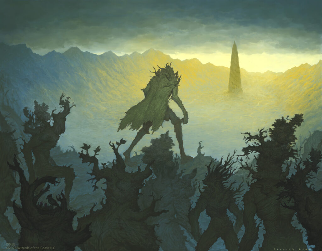 An image of ents (tree people) marching across a large landscape. We see them from behind as the world is shown in relatively desaturated greens and yellows. The creatures lumber forward inexorable toward a sorrowful final battle.