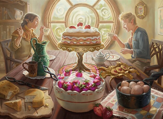 The art of Second Breakfast by Christina Kraus. It features two hobbits eating a meal surrounded by sweets and good sumptuous looking food. The image is bathed in gentle yellow light.