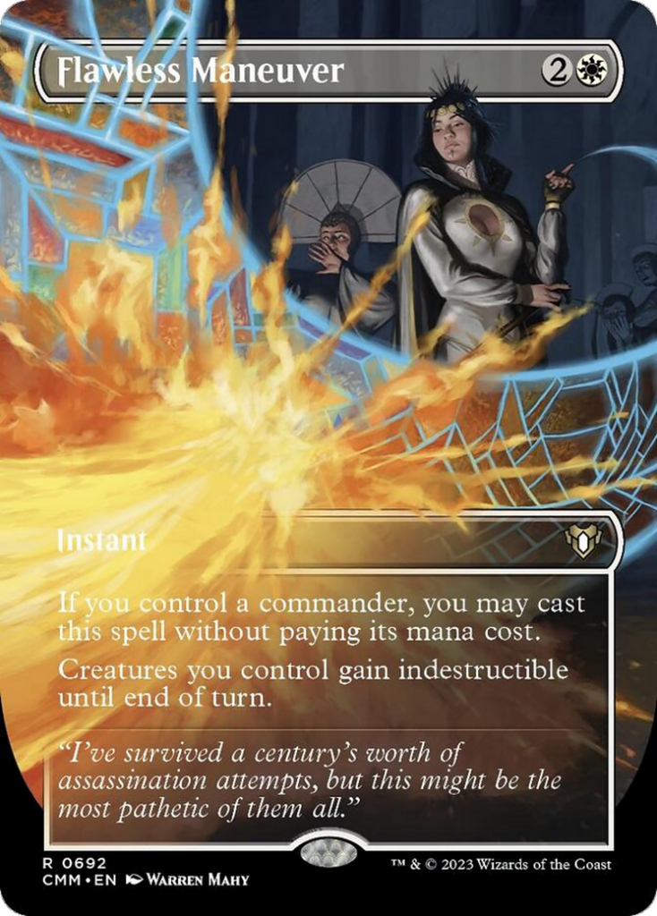 An image of the card, Flawless Maneuver where the art takes up the vast majority of the card, even expanding out into the name the way many card alters do. It features Teysa Karlov looking smug with a shield of magical energy protecting her from a powerful fire spell. The energy erupts from her finger and her body language is entirely unimpressed. The composition plays well into that showing us she's almost laughably unconcerned with the situation.
