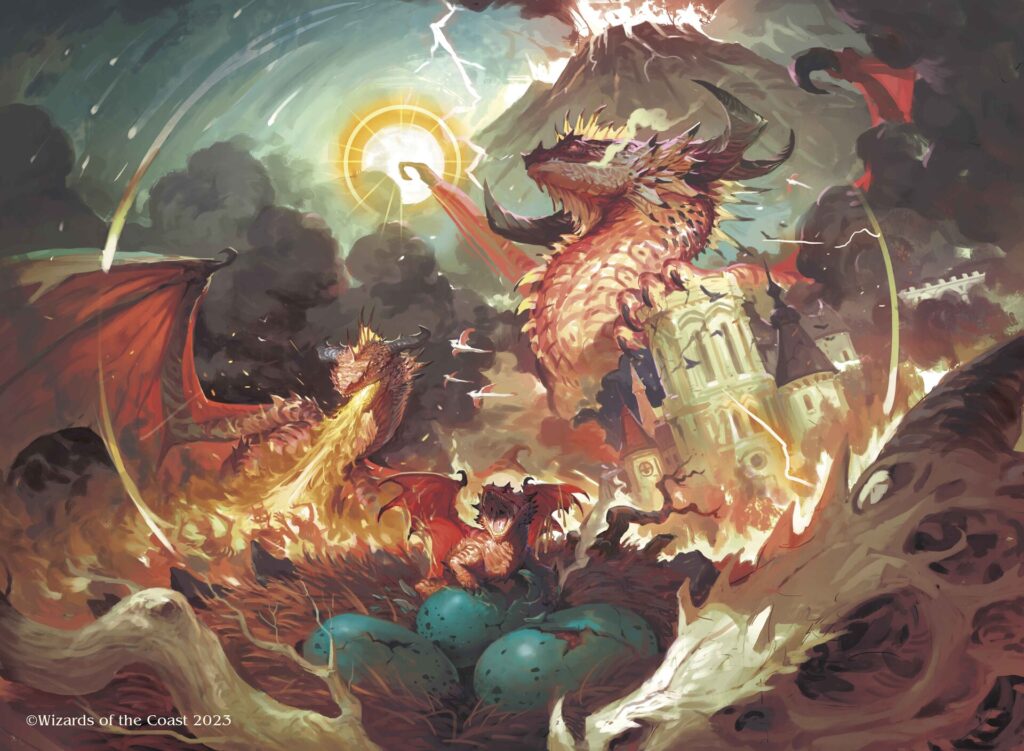 An digital painting of a dragon's life and death told in a single image. A dragon's skull sits in the foreground indicating a deceased ancestory but in the middle sits a new baby dragon just hatched. In the middle ground a young dragon breathes fire on what we can see are humanoids and behind that one a massive dragon crushes a city in its talons with a huge erupting volcano in the background. The whole image is enclosed in a thin golden ring to hammer home the idea of this life cycle.