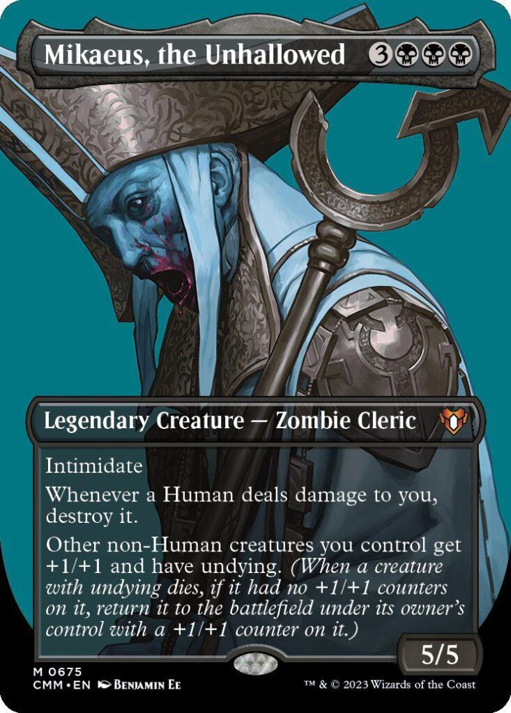 A zombified Mikaeus, the Lunarch of the Church of Avacyn who is a pope like religious figure on Innistrad. He's seen from the chest up though mostly focused on the shoulders up, and in profile. The character holds a staff with a broken Avacynian symbol that looks like a nearly complete circle with heron beaks pointed in and extending outward. His mouith and face are stained red with blood and his glassy eye turns toward the viewer as if we've just gotten his attention. The whole image is tinged blue with a teal background making it cold and eerie.