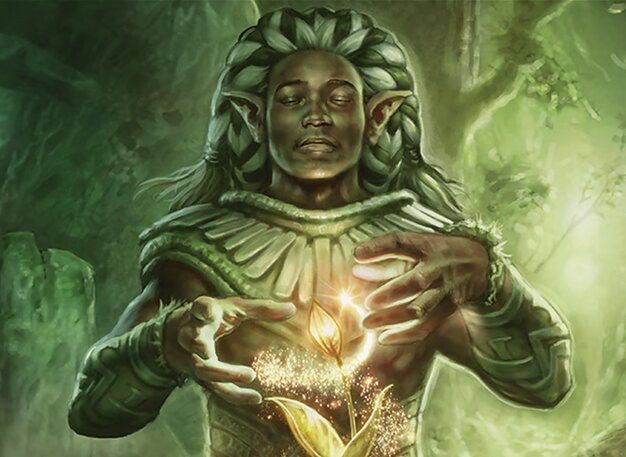 An image of a Black elf with black hair braided and streaked with white magically encouraging the growth of a small plant. His face is serene and lit from below with a warm yellow glow from his own magic. From behind faint green light pours through the forest.