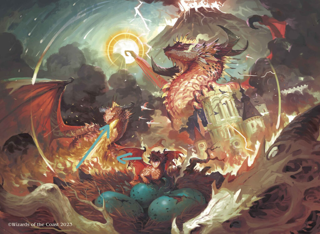 An digital painting of a dragon's life and death told in a single image. A dragon's skull sits in the foreground indicating a deceased ancestory but in the middle sits a new baby dragon just hatched. In the middle ground a young dragon breathes fire on what we can see are humanoids and behind that one a massive dragon crushes a city in its talons with a huge erupting volcano in the background. The whole image is enclosed in a thin golden ring to hammer home the idea of this life cycle. Blue arrows indicate the direction the eye should travel.