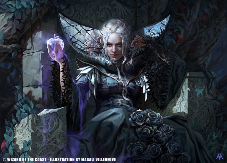 An image of a wicked queen style character seated atop a crumbling stone throne. Done in dark blues, grays and whites to create a cold, stark and haunting image. The character looks beautiful and dangerous.