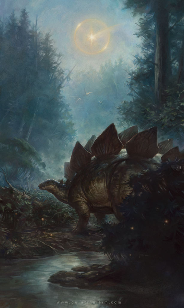 An image of a stegosaurus on a misty moonlit night. It's crossing a river in a forest environment.