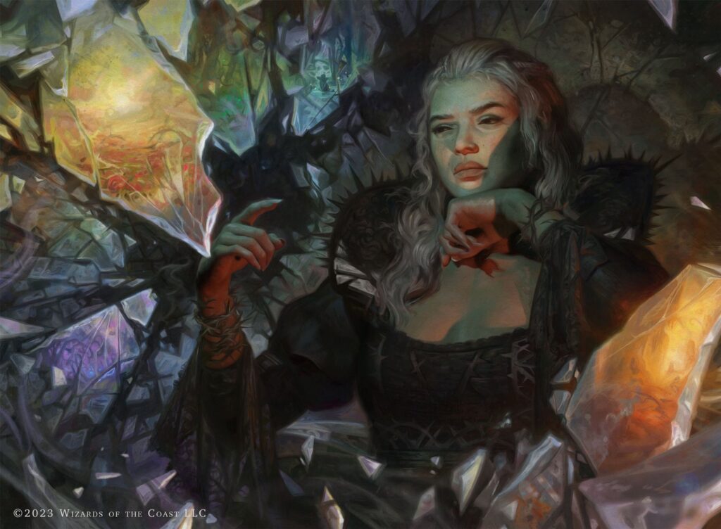 An image of Eriette, the Wilds of Eldraine's Wicked Queen analog from Snow White, lounging in a stone throne flipping through fragmented shards of magic that let her see all around Eldraine. It's painted beautifully and moodily like she's sitting flipping through TV channels.