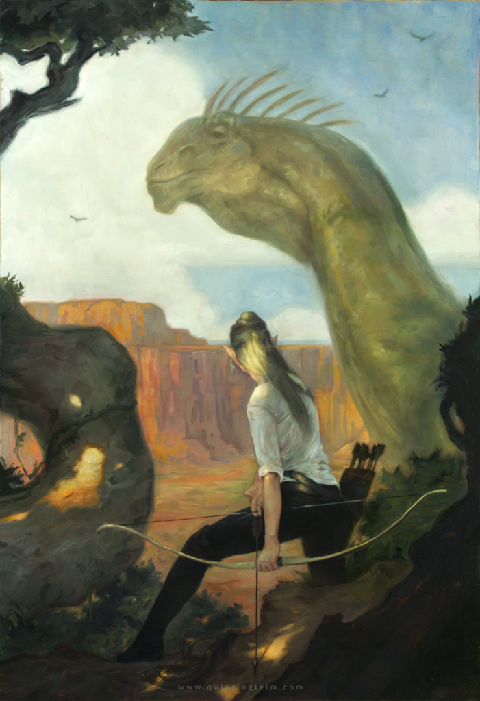 An image of what appears to be an elf with a bow encountering a massive sauropod dinosaur. The elf is seen from behind and obviously incredibly small, even in the tree when compared to the behemoth before it.