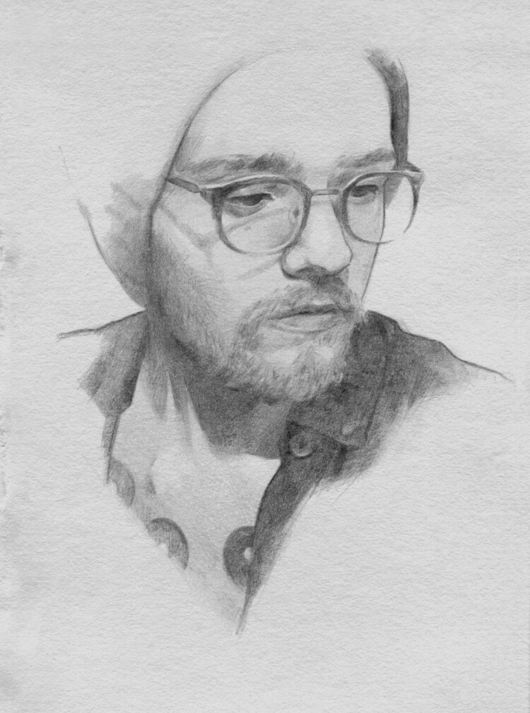 A pencil self portrait of Quintin himself rendered with careful detail and subtlety 
