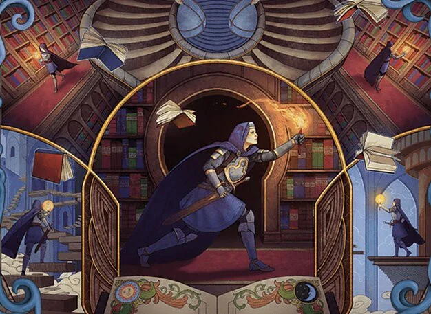 An image of the card Virtue of Knowledge in its storybook art treatment. It features multiple panels of a knight exploring an old abandoned Vantress library. The whole thing is done in a beautiful storybook style.