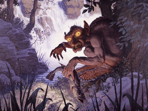 An image of Gollum from Lord of the Rings. The creature is hunged over by a river with a fish in its hand, large, bulging eyes and gnarled teeth. 