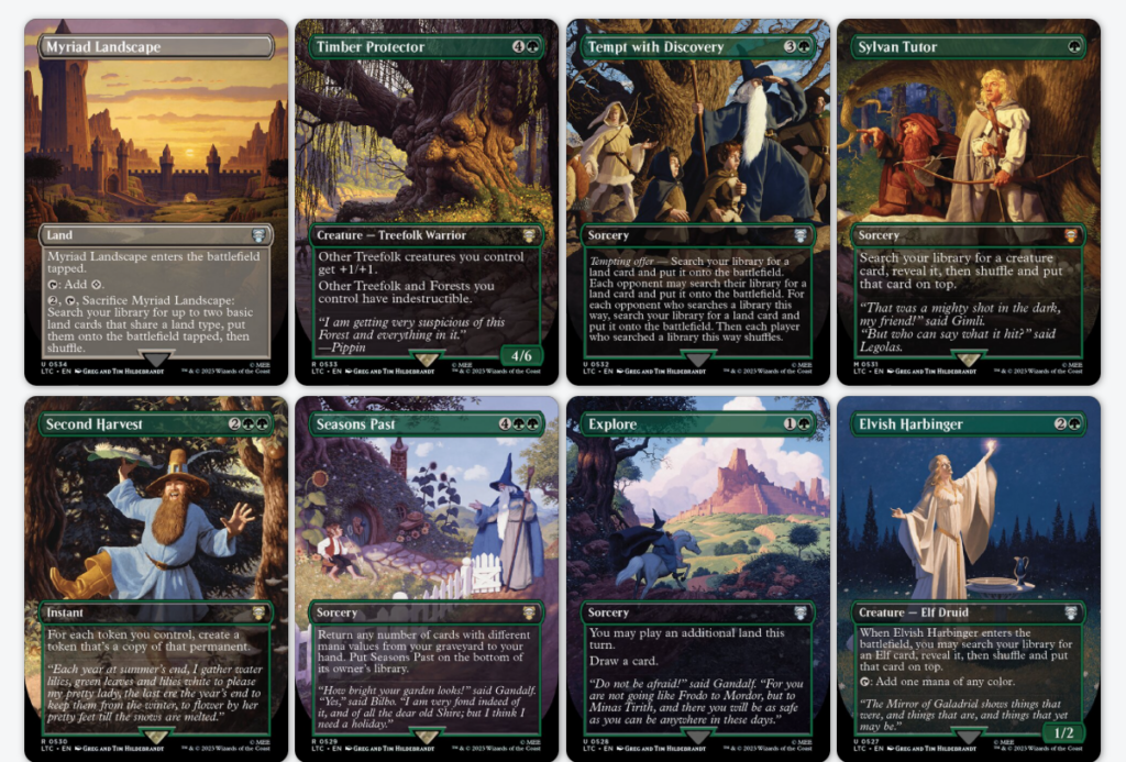 A selection of cards from the Lord of the Rings holiday set taken from calendar art done by the brothers Hildebrandt. This set includes: Myriad Landscape, Timber Protector, Tempt with Discover, Sylvan TUtor, Second Harvest, Seasons Past, Explore, Elvish Harbinger.