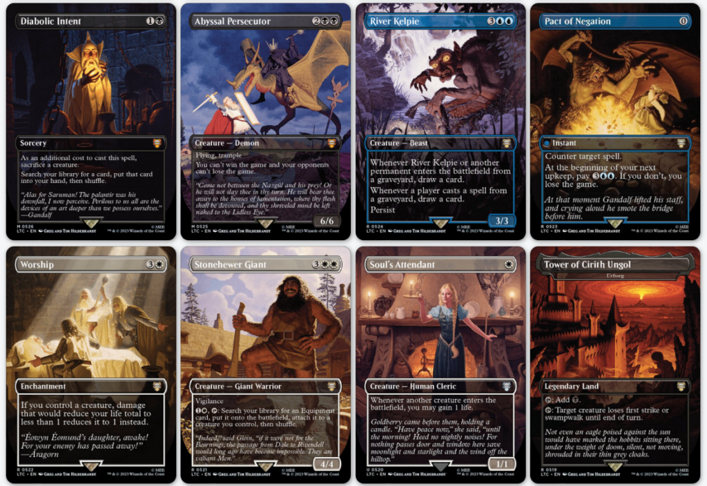 A selection of cards from the Lord of the Rings holiday set taken from calendar art done by the brothers Hildebrandt. This set includes: Diabolic Intent, Abyssal Persecutor, River Kelpie, Pact of Negation, Worship, Stonehewer Giant, Soul's Attendant, Tower of Cirith Ungol