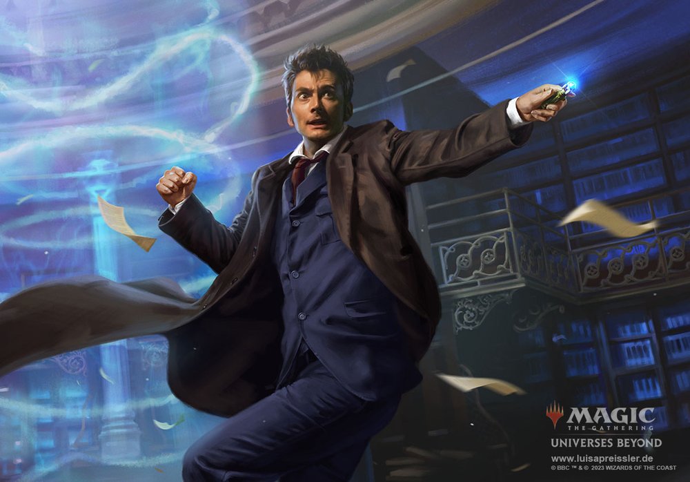 An image of the tenth Doctor as played David Tennant done in lovingly relistic digital painting. He's in a library looking surprised and somewhat goofy but still somehow intense and determined with his sonic screwdriver in hand.