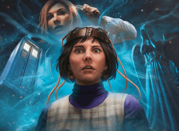 A young woman has a belt contraption strapped to her head and a look of shocked horror on her face seen from below. Above her scenes of the thirteenth doctor, the Tardis and a Weeping Angel float as if they're memories unlocked or visions of what's to come.