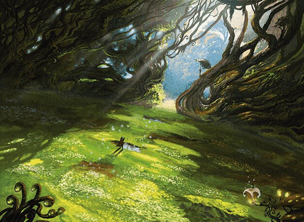 A painting of what looks like a meadow on the edge of a dark wood. Trees create areas of shadow that block out a path of light leading to the horizon. A lone figure walks across the meadow into the unknown.