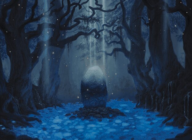 An image of a stone object set within a forest glade. Mystical light filters down from above and the whole image is rendered in eerie mystical blues.