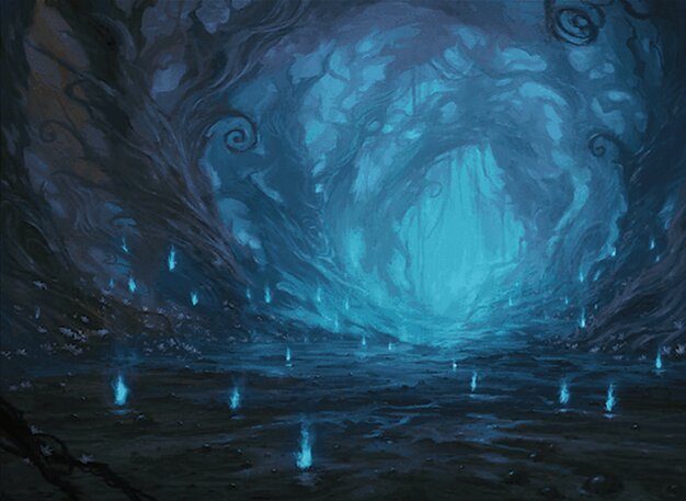 A dark forest that looks almost like a tunnel into the woods. Blue wisps like fire dot the space creating an eerie glow.