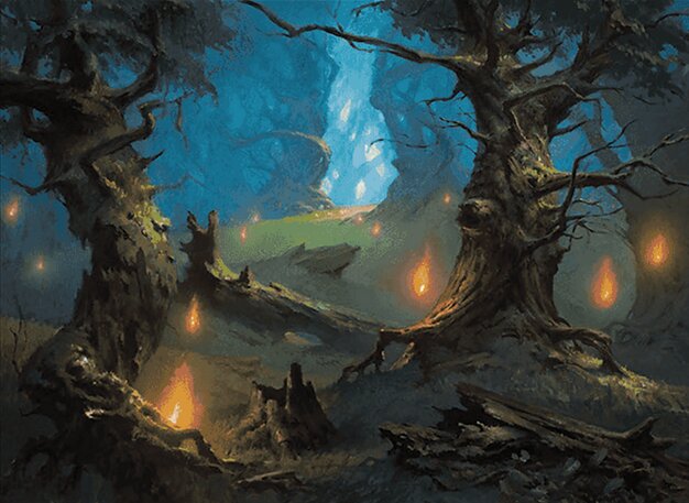 a forest scene that starts in a creepy foreground with gnarled, moss covered trees and leads up a hill to a forest path beyond painted in another eerie blue glow. Orange flame wisps add a counterpoint and lead the eye backward to the horizon on the hill.