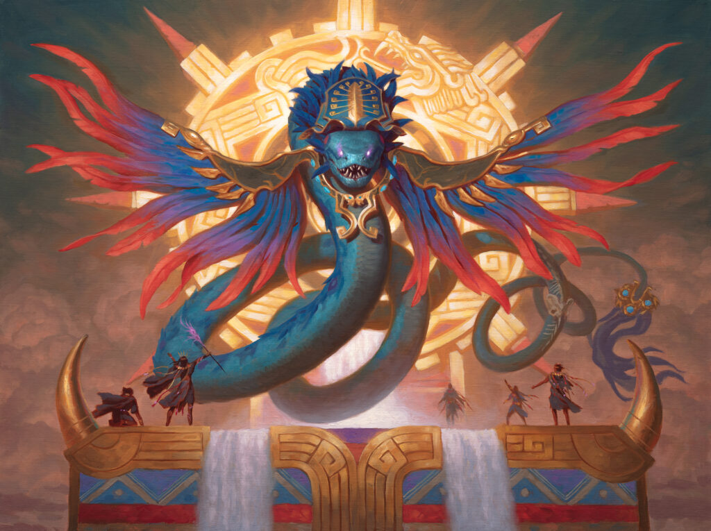 An image ofa blue feathered serpent atop a tower with a golden disc almost like the s un behind them.